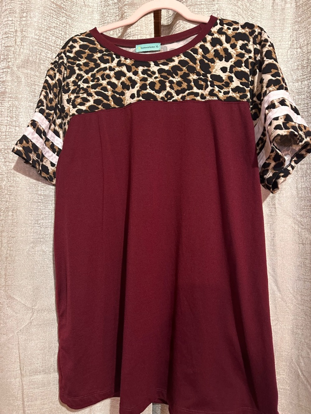 Women’s Short Sleeve Maroon Tee with Leopard Yoke